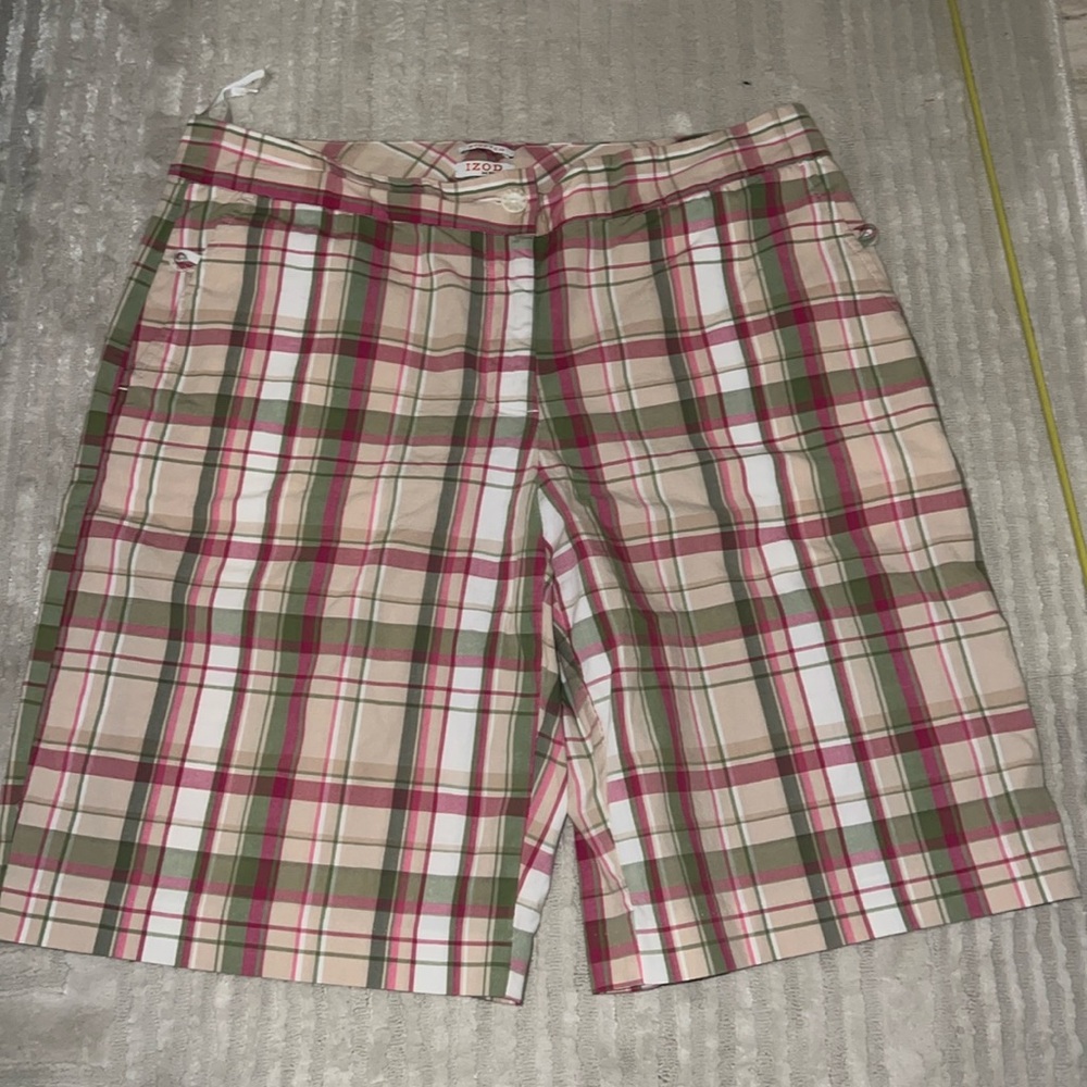 Pink white tan and green plaid shorts